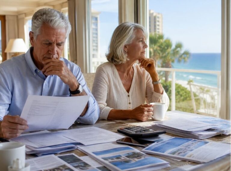 Couple reviewing timeshare maintenance fees and vacation ownership paperwork while overlooking a Gulf Coast resort, illustrating the financial challenges of long-term vacation ownership.