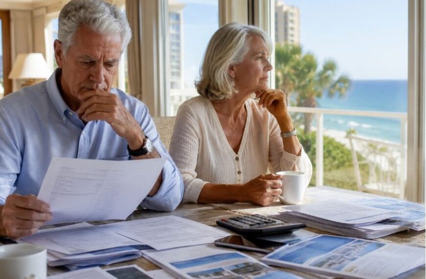 Couple reviewing timeshare maintenance fees and vacation ownership paperwork while overlooking a Gulf Coast resort, illustrating the financial challenges of long-term vacation ownership.